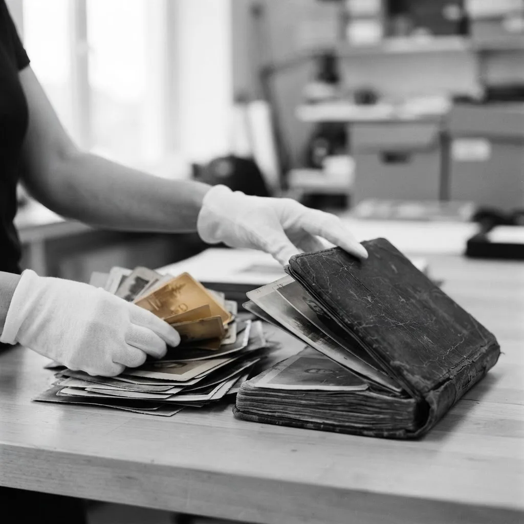 Gloved hands carefully handling antique photographs and an old photo album