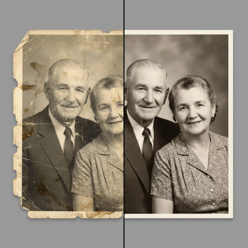 Side-by-side comparison of a damaged and fully restored portrait photograph