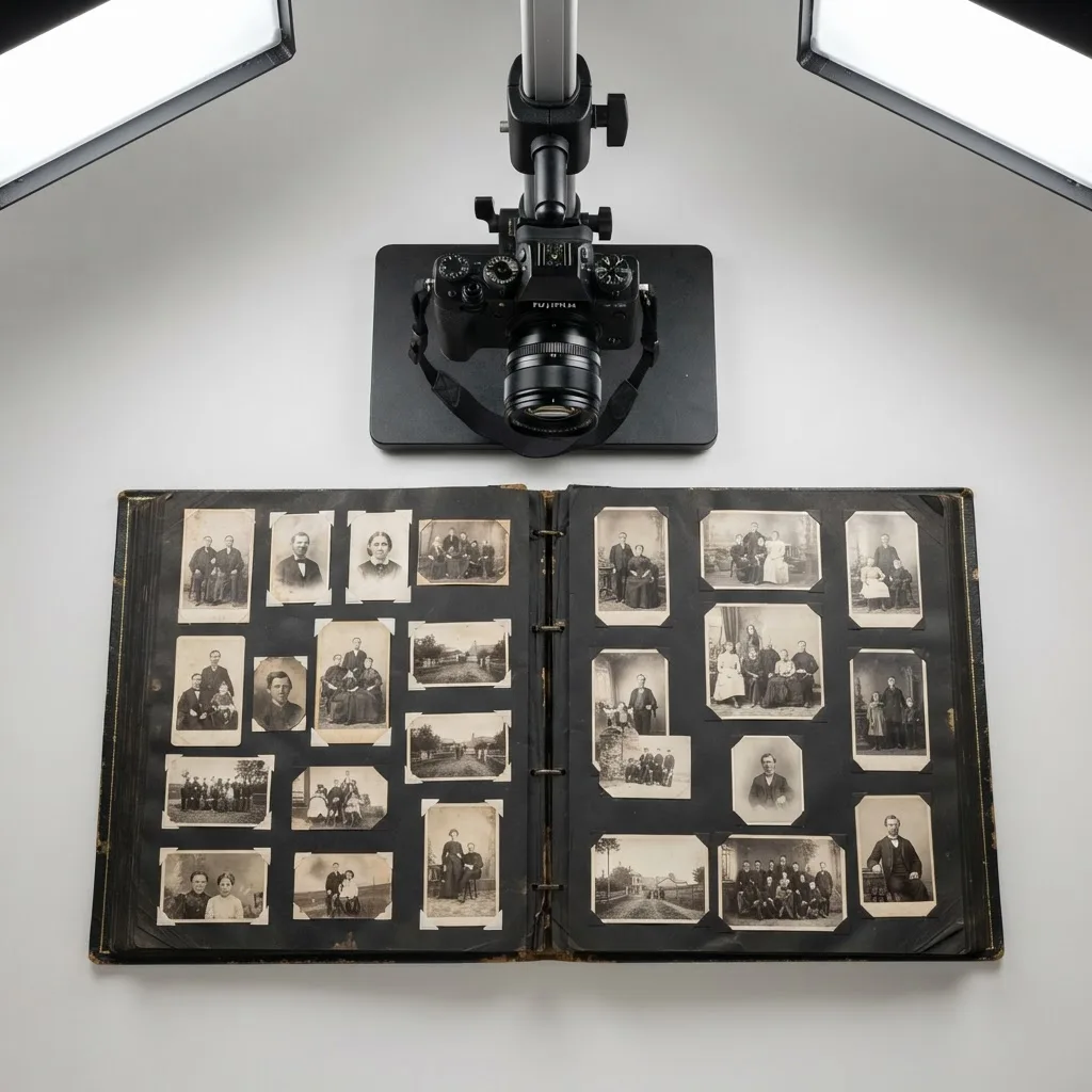 Open antique photo album being digitized with a copy stand camera