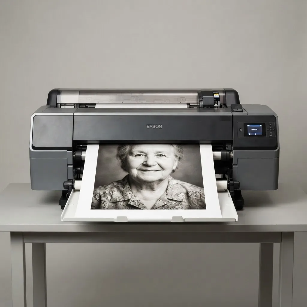 Large format printer producing a freshly printed restored portrait