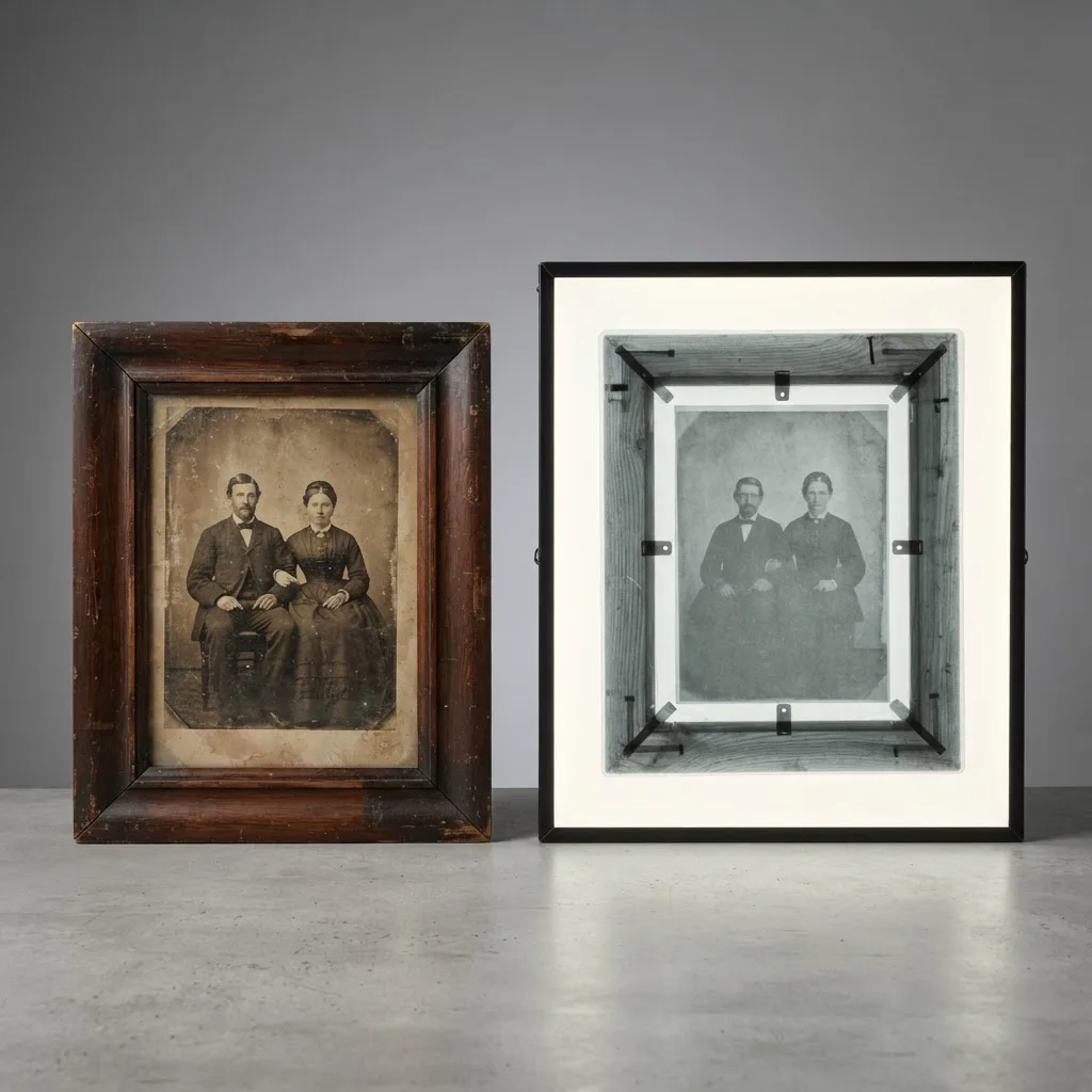 Framed photograph beside a radiograph lightbox image