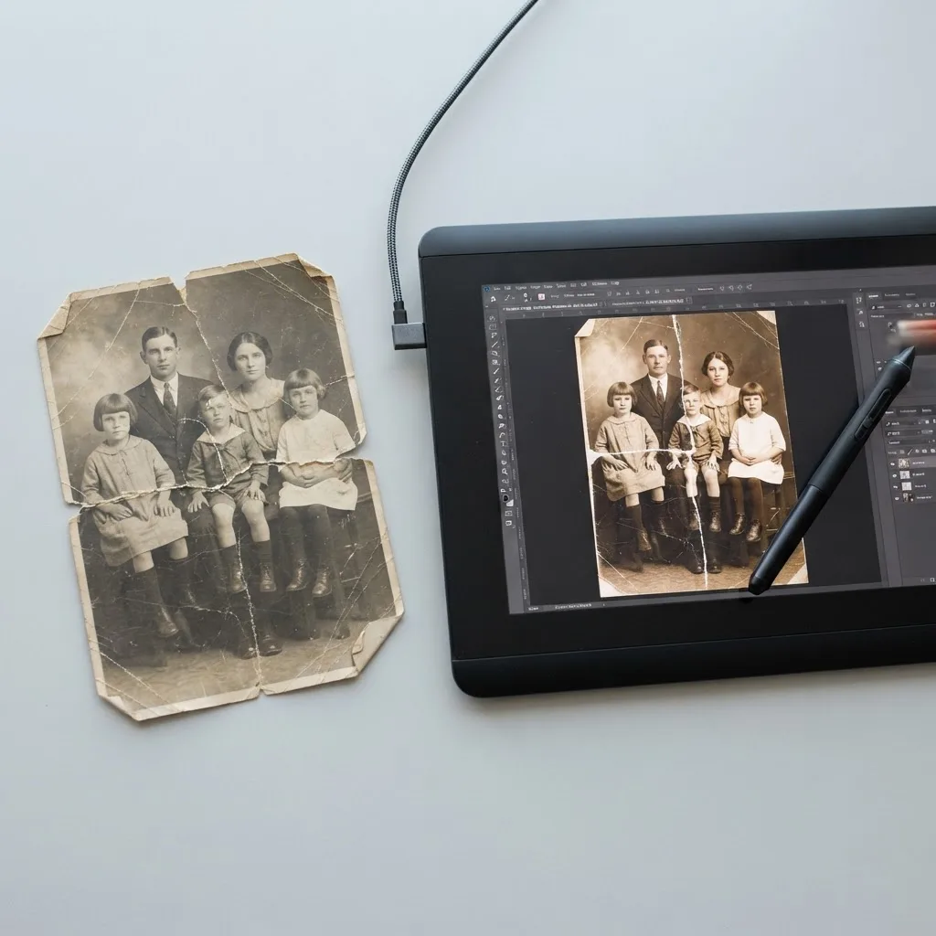 Torn vintage photograph next to a digital retouching tablet