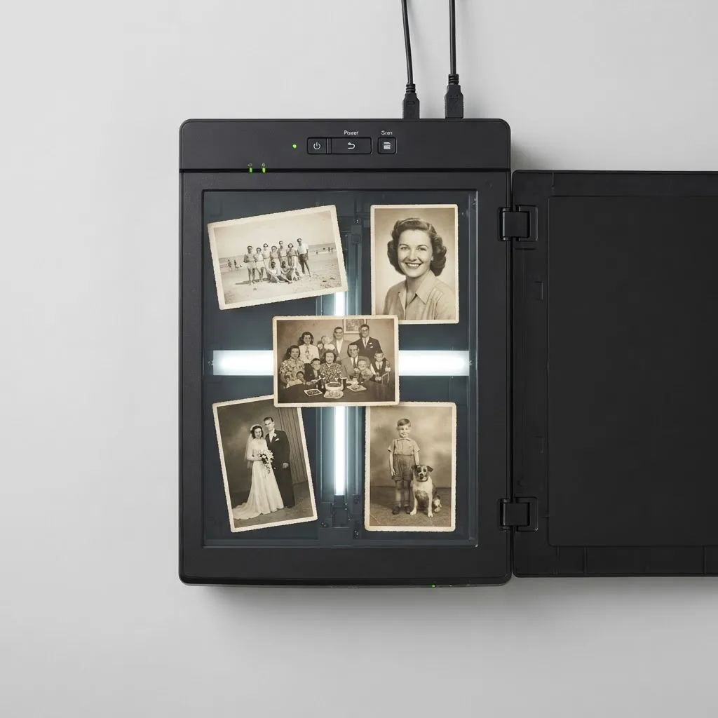 Flatbed scanner digitizing several vintage photographs